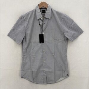 Hugo Boss Shirt Mens Small Blue Ronn F Slim Fit Short Sleeve Button Front Stripe